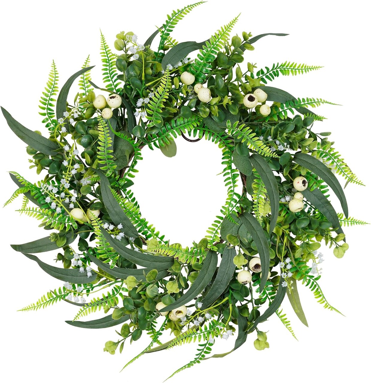 24 inch Boxwood Berry Wreath for Front Door, Green Summer Wreath with Big White Berries and Eucalyptus Leaves for Outside Wall Window Farmhouse